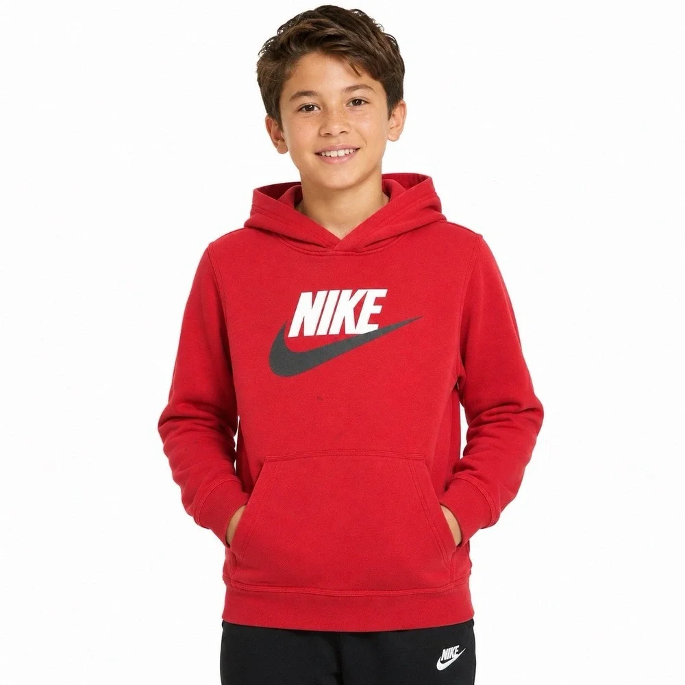 Nike Sportswear Boys Hoodie Large Red White Gray Swoosh Pullover CJ7861-657 READ